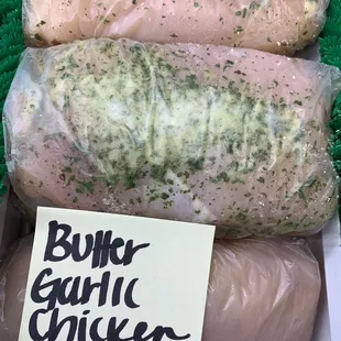 We offer many different marinated Chicken Breast. Pictured is one of our most popular flavors, butter garlic.