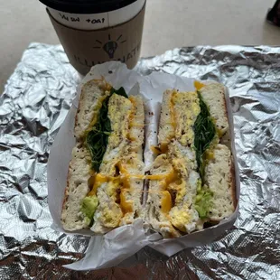 Irish gold w/ oat milk &amp; Ultimate Which on an everything bagel.