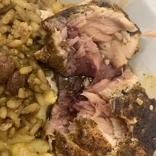 Salmon , red beans and rice Mac and cheese
