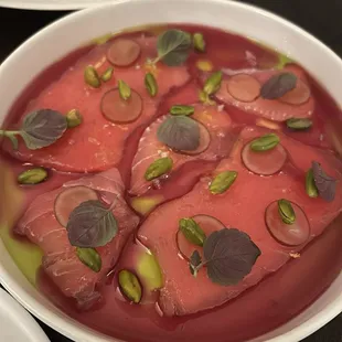 Tuna Crudo Red verjus, grape, Sicilian pistachio