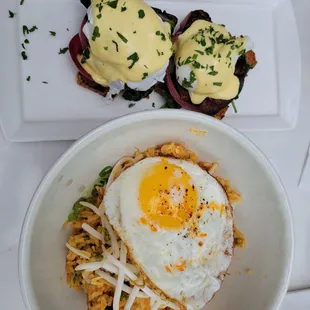 Brunch fried rice and portobello Benedict