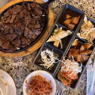 Unli side dish kimchi, dried squid, fish cake, radish, Potatoes SD bulgogi plate