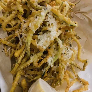 Fried zucchini with red sweet peppers - two peppers. Good, but wish there were more peppers.