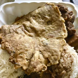 Combo- pork adobo and tortang talong (grilled eggplant omelette)