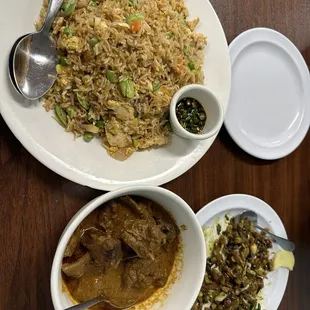Imbi Special Fried Rice - top left  , the Goat Curry - bottom left and the Laphet Toh (Tea Leaf salad) - bottom right