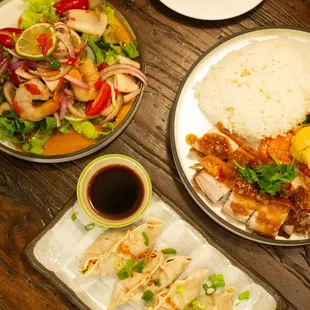 Yum Seafood, Vegetable Dumpling, Crispy Pork Basil Rice Bowl