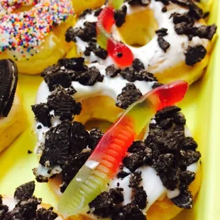 Gummy worms in oreo dirt on vanilla icing!