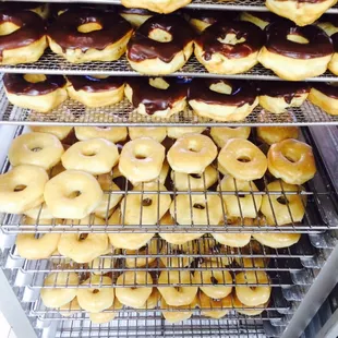 Always ready with freshly made glazed and chocolate donuts!