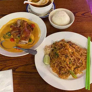 Crispy duck curry, pad Thai, and Tom yum soup