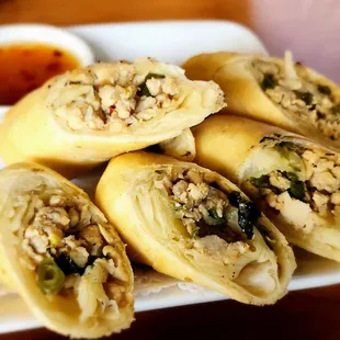 Poh Pia Krapao (Thai basil chicken eggrolls) Spicy and delicious!