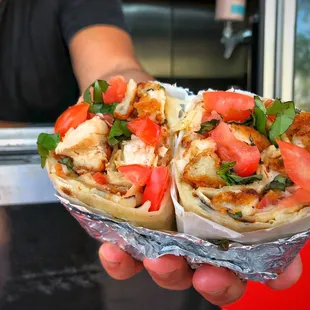 a person holding a wrap of food