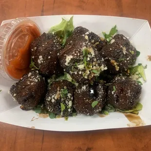 Caprese Risotto bites with breaded risotto, cheese, sun-dried tomatoes, fresh basil, &amp; balsamic glaze, Impasto Food Truck, Tampa