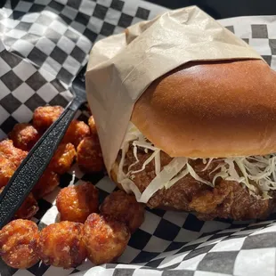 Sweet n Sweet and Spicy Fried Chicken Sandwich with sweet potato tots &amp; comeback sauce