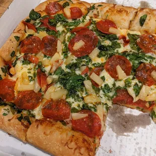 Sicilian deep dish with pepperoni, pineapple, and spinach