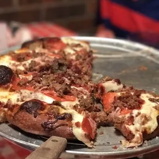 Meat pizza piled high!