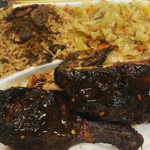 Honey jerk chicken, rice and peas, cabbage