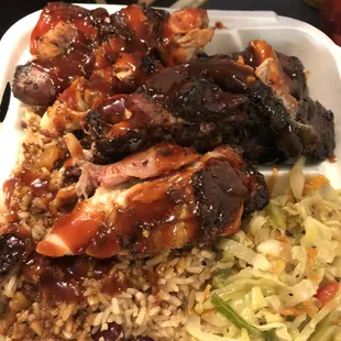 Honey jerk chicken with cabbage and rice &amp; peas