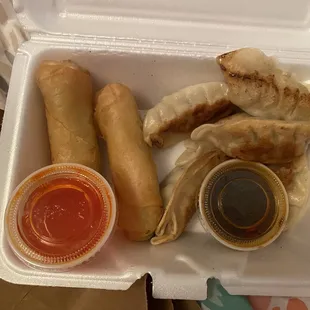 Doesn&apos;t come packaged like this btw but on the left are the 2 Piece Vegetable Spring Egg Rolls and the right are 6 Piece Pan Fried Dumplings