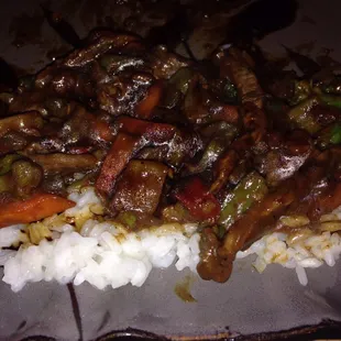 Kung Pao Triple Delight with steamed white rice