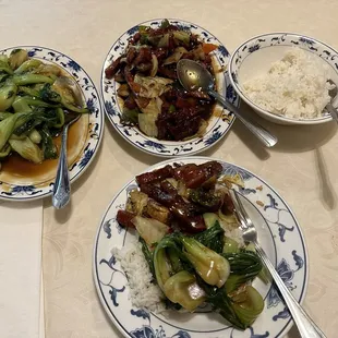 Twice cooked pork, bok choy, steamed rice.