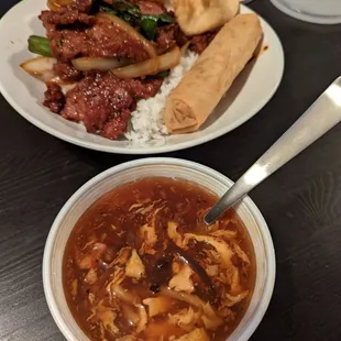 Mongolian beef and hot &amp; sour soup