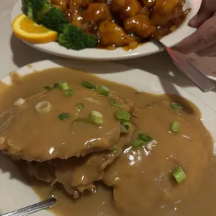 Orange Chicken and Shrimp Egg Foo Young.