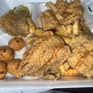 Red snapper, shrimp, fries &amp; hush puppies