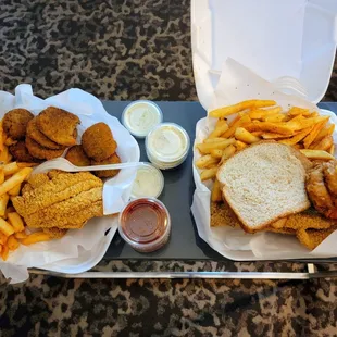 Fried Zucchini,  Catfish,  Seasoned Fries,  Fried Lobster tail.