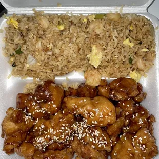 Crispy Sesame Chicken with Shrimp Fried Rice