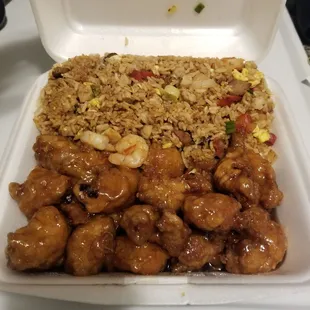 General Tso&apos;s chicken with combination fried rice (def worth the upcharge)