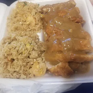 Mandarin chicken (with sauce/gravy on the chicken)