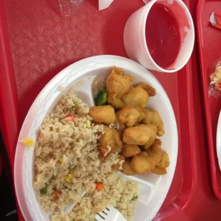 a plate of fried chicken and rice