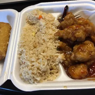 General Tso's Chicken with Fried Rice and a Pork Eggroll
