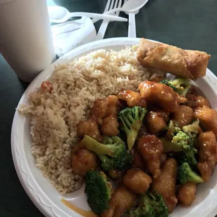 a plate of chinese food with rice and broccoli