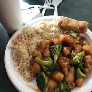a plate of chinese food with rice and broccoli