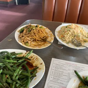 Sautéed green beans, Chicken Chow-Mein, and Shrimp fried rice ($5 extra shrimp) and Hot Tea.