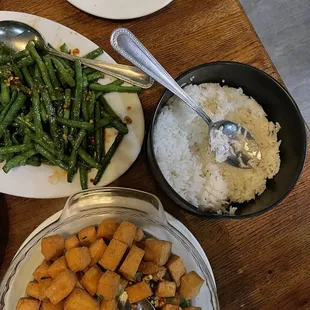 Salt &amp; Pepper Tofu, Hot Spiced String Beans, Steamed Rice