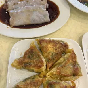 Vegan chive dumplings or potstickers, and the impossible rice rolls