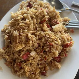 Bbq pork fried rice with no vegetables.  I don't like peas...