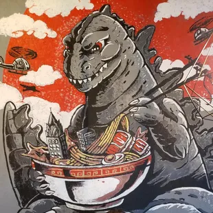 a godzilla eating a bowl of noodles