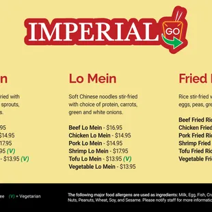Imperial GO Menu - Chow Fun, Lo Mein, and Fried Rice