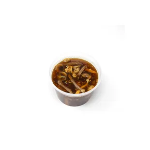 Hot and Sour Soup

Szechuan-style soup with pork strips, jicama, and mushrooms in a soy-based chicken broth, with a tangy spicy flavor