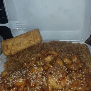 Sesame Chicken, Fried Rice, Egg Roll