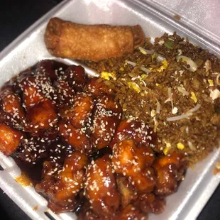 Seasame chicken combo with chicken fried rice- had to request and pay for the egg, bean sprouts and green onion