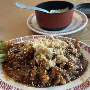 Fried rice with sesame beef.  YUM!