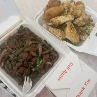 Salt and pepper wings, Mongolian beef, white rice