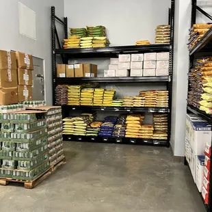 stacks of packaged goods in a warehouse