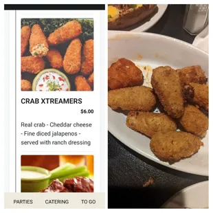 Crap bites with jalapeno chips inside menu photo on the left actual food on the right. 12 poppers per serving
