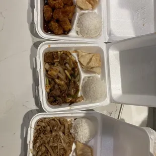 Lunch items:  orange chicken, Mongolian beef, and chicken chow mein