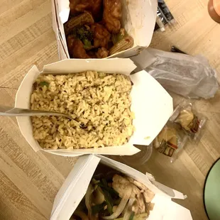 General Tao 's Chicken, BBQ Pork Fried Rice, Black Pepper Chicken